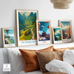 Vietnam Ha Giang Loop Village Poster Mountain Valley Print Motorbike Travel Wall Art displayed on a stylish wall.