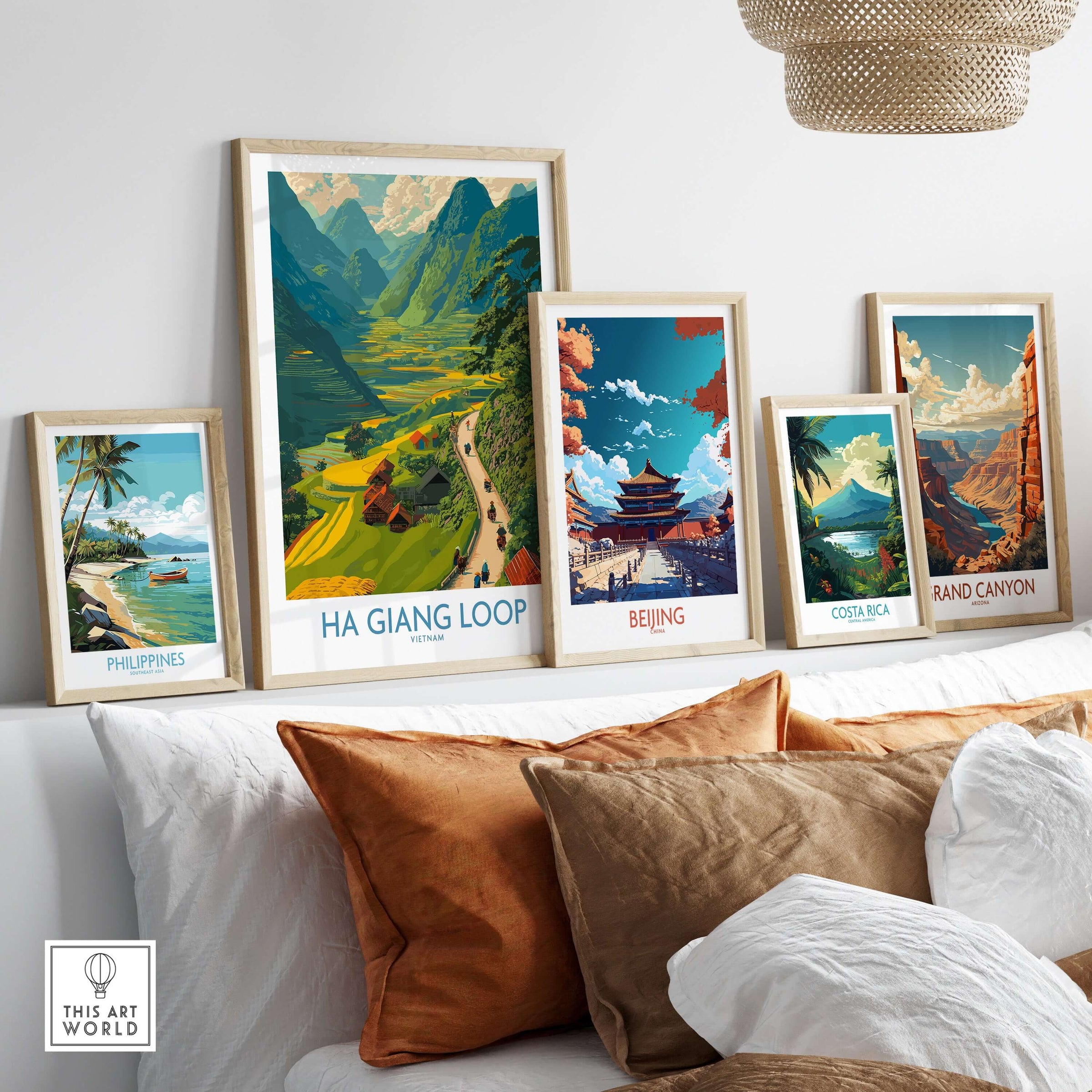 Vietnam Ha Giang Loop Village Poster Mountain Valley Print Motorbike Travel Wall Art displayed on a stylish wall.