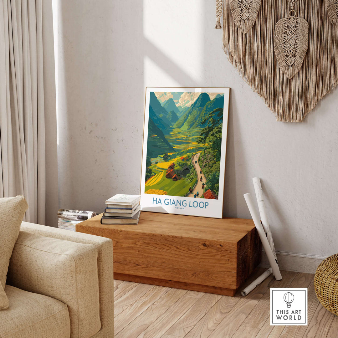 Vietnam Ha Giang Loop travel poster showcasing a vibrant valley and mountains, perfect for wall art decor.