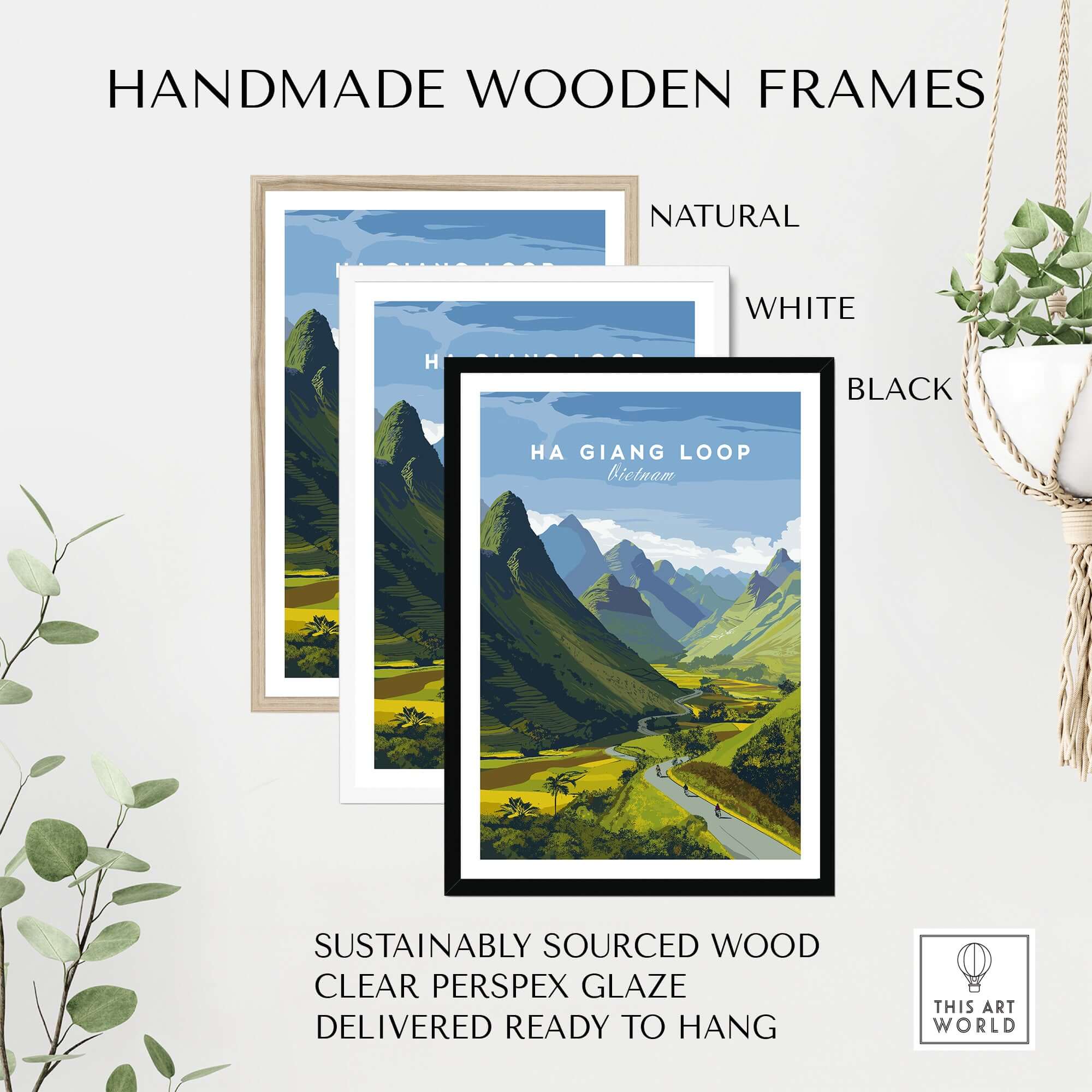 Ha Giang Loop Vietnam Travel Print Wide Valley Poster Motorbike River Landscape Art in handmade wooden frames.