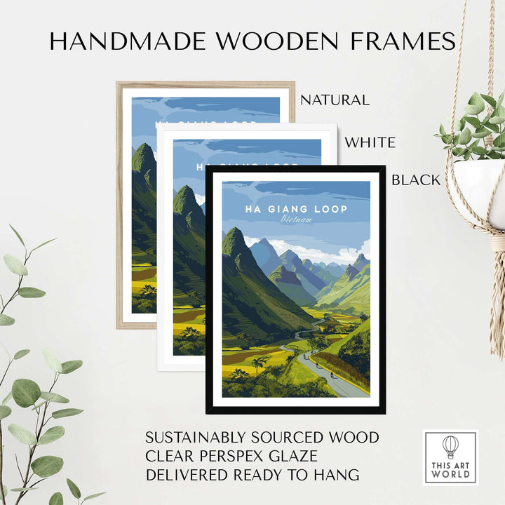 Handmade wooden frames in natural, white, and black options for Ha Giang Loop print, featuring sustainable materials and ready to hang.