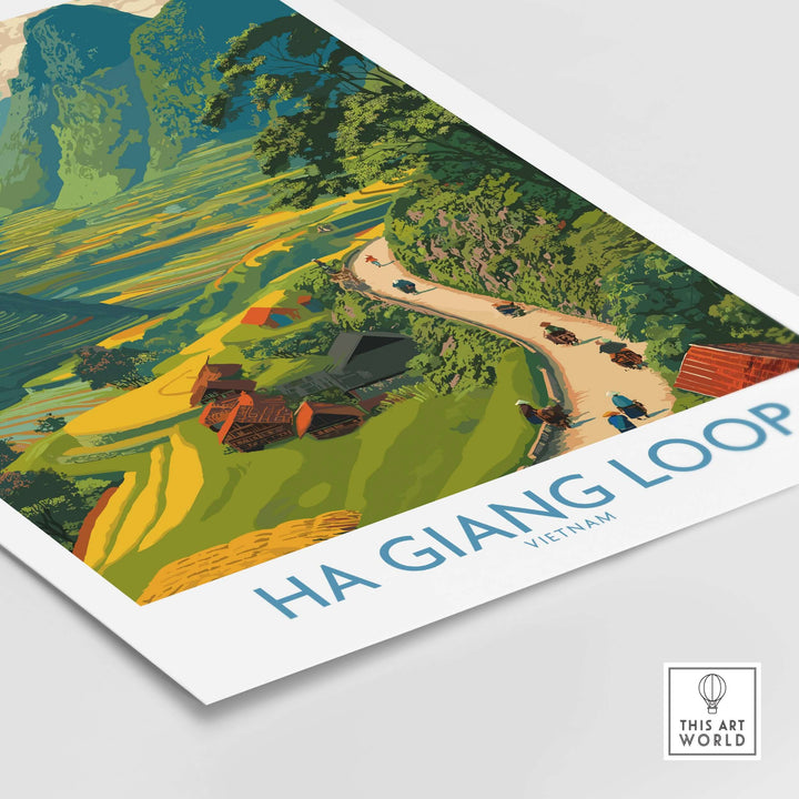 Ha Giang Loop Vietnam travel poster showcasing scenic valley, motorbikes, and vibrant landscape.