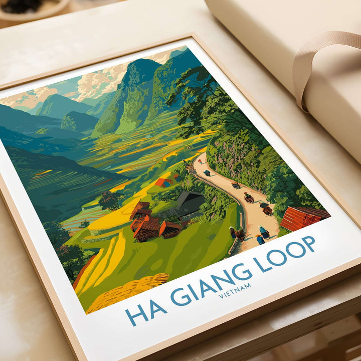 Ha Giang Loop poster showcasing a vibrant valley, motorbikes, and mountains, ideal for travel and wall art decor.