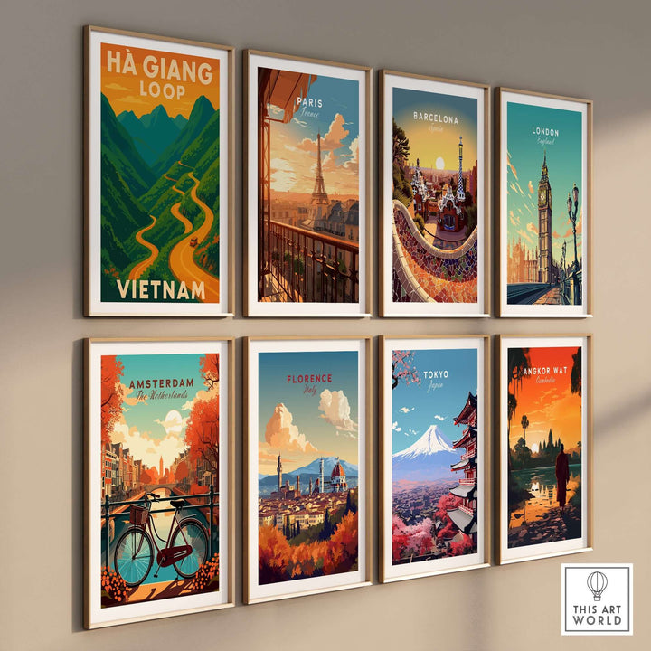 Gallery of travel posters featuring Ha Giang Loop Vietnam, Paris, Barcelona, London, Amsterdam, Florence, Tokyo, and Angkor Wat.
