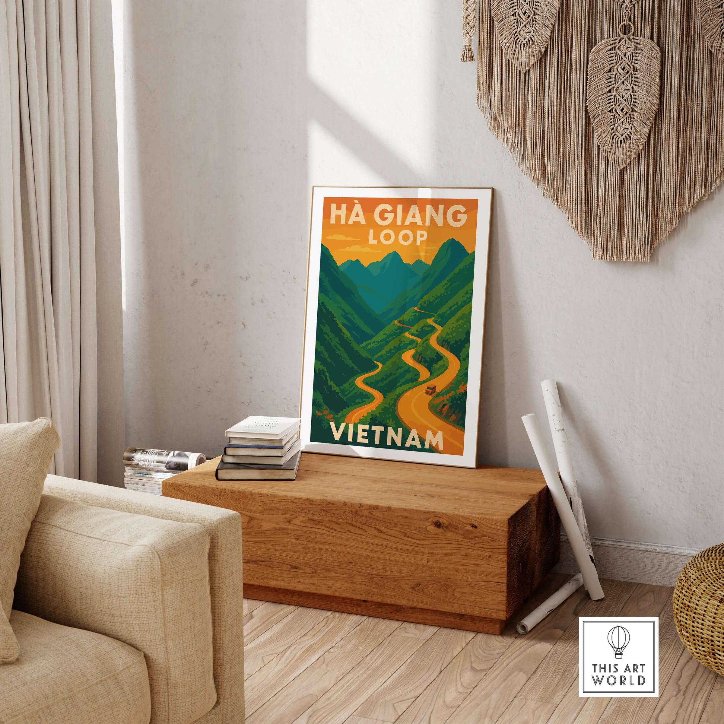 Ha Giang Loop Vietnam Poster Winding Road Sunset Print Travel Landscape Wall Art Decor in stylish home setting.