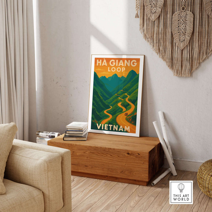 Ha Giang Loop Vietnam poster showcasing winding road through green mountains under a sunset, perfect travel wall art decor.