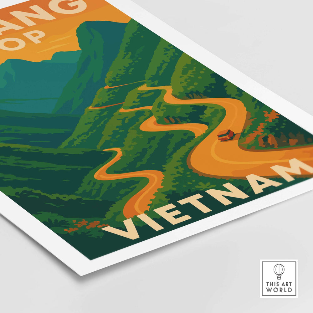Ha Giang Loop Vietnam poster with winding road and mountains, vibrant sunset colors, perfect travel wall art.