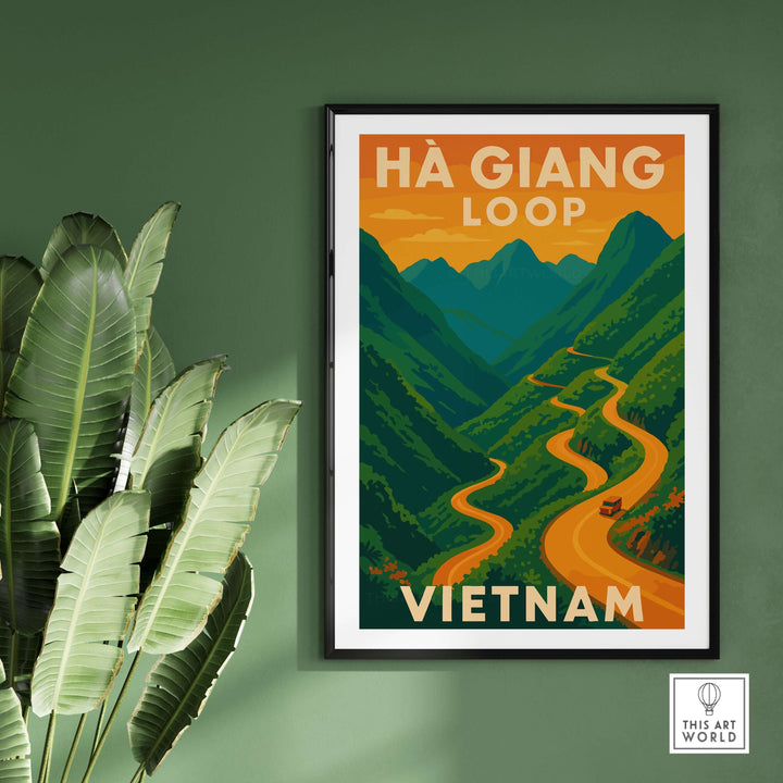 Ha Giang Loop Vietnam poster featuring winding road through green mountains and orange sunset, perfect travel wall art.