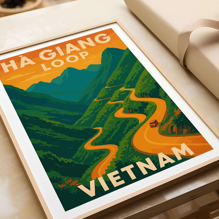 Ha Giang Loop Vietnam poster showcasing winding road and mountains under a sunset, perfect wall art decor.