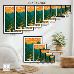 Ha Giang Loop Vietnam Poster Winding Road Sunset Print Travel Landscape Wall Art Decor Size Guide with various frame sizes