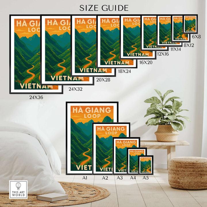 Size guide for Ha Giang Loop Vietnam poster prints in various dimensions on a stylish wall.
