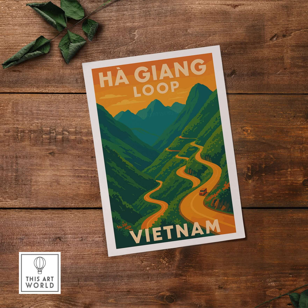 Ha Giang Loop Vietnam poster featuring winding road through green mountains with sunset colors, perfect travel wall art decor.