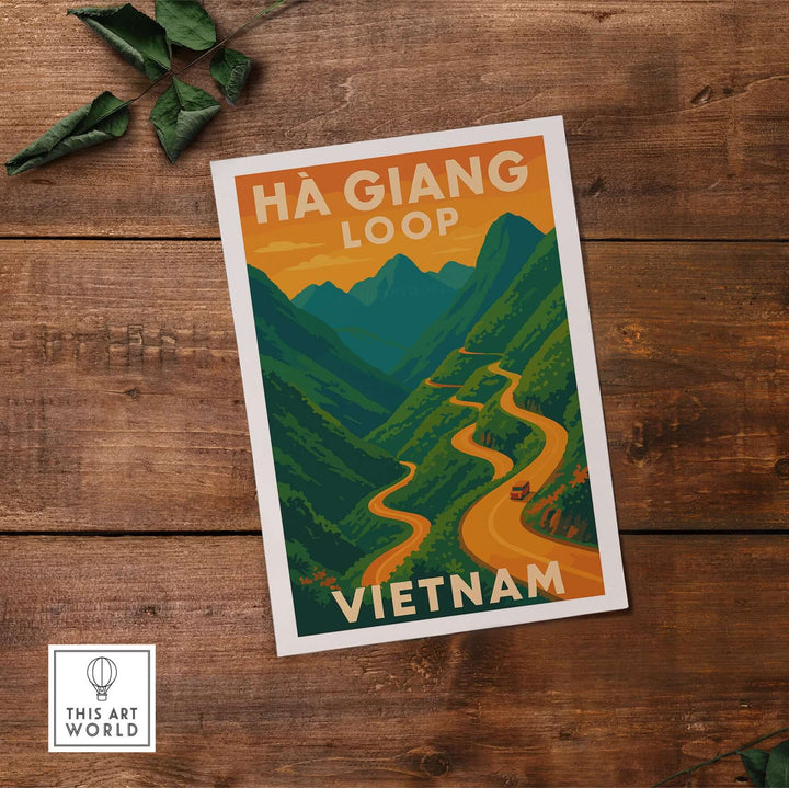 Ha Giang Loop Vietnam poster featuring winding road through green mountains with sunset colors, perfect travel wall art decor.