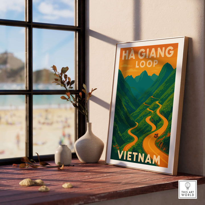 Ha Giang Loop Vietnam poster featuring winding road and mountains, vibrant decor for travel enthusiasts.