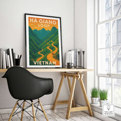 Ha Giang Loop Vietnam Poster Winding Road Sunset Print Travel Landscape Wall Art Decor in a stylish home setting.