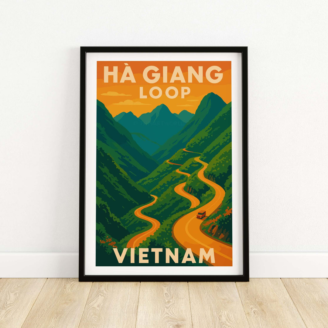 Ha Giang Loop Vietnam poster featuring winding road and mountains under an orange sunset, ideal travel wall art.