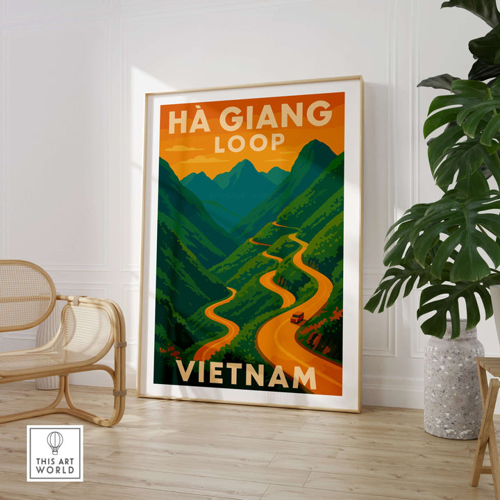 Ha Giang Loop Vietnam poster showcasing winding road and mountains under sunset, perfect travel wall art decor.