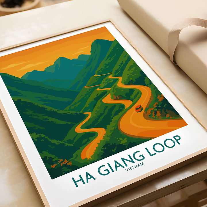 Ha Giang Loop Vietnam poster showcasing winding road and mountain landscape at sunset, perfect travel wall art.