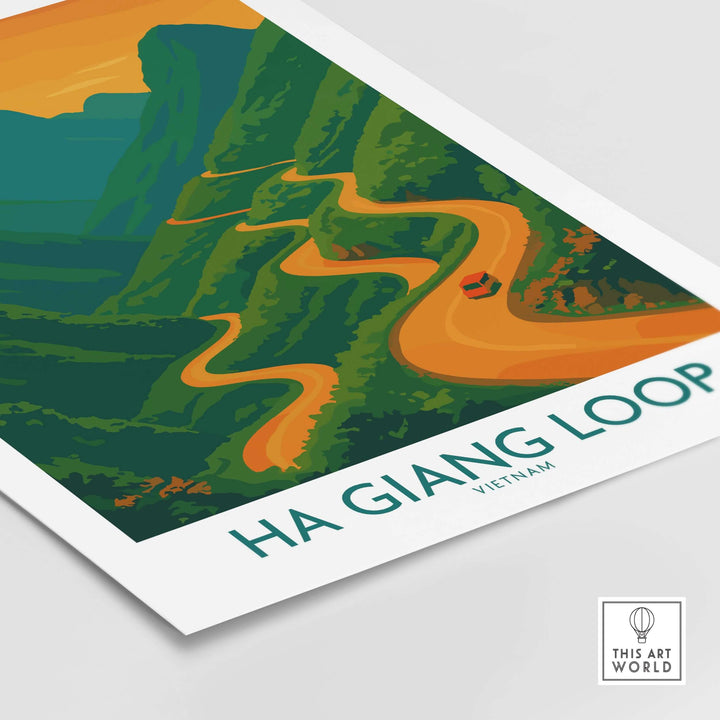 Ha Giang Loop poster showcasing winding roads through mountains in Vietnam's scenic landscape.
