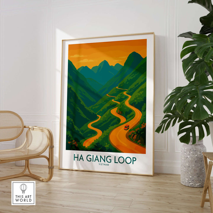Ha Giang Loop poster featuring a winding road through green mountains at sunset, perfect for travelers and adventurers.