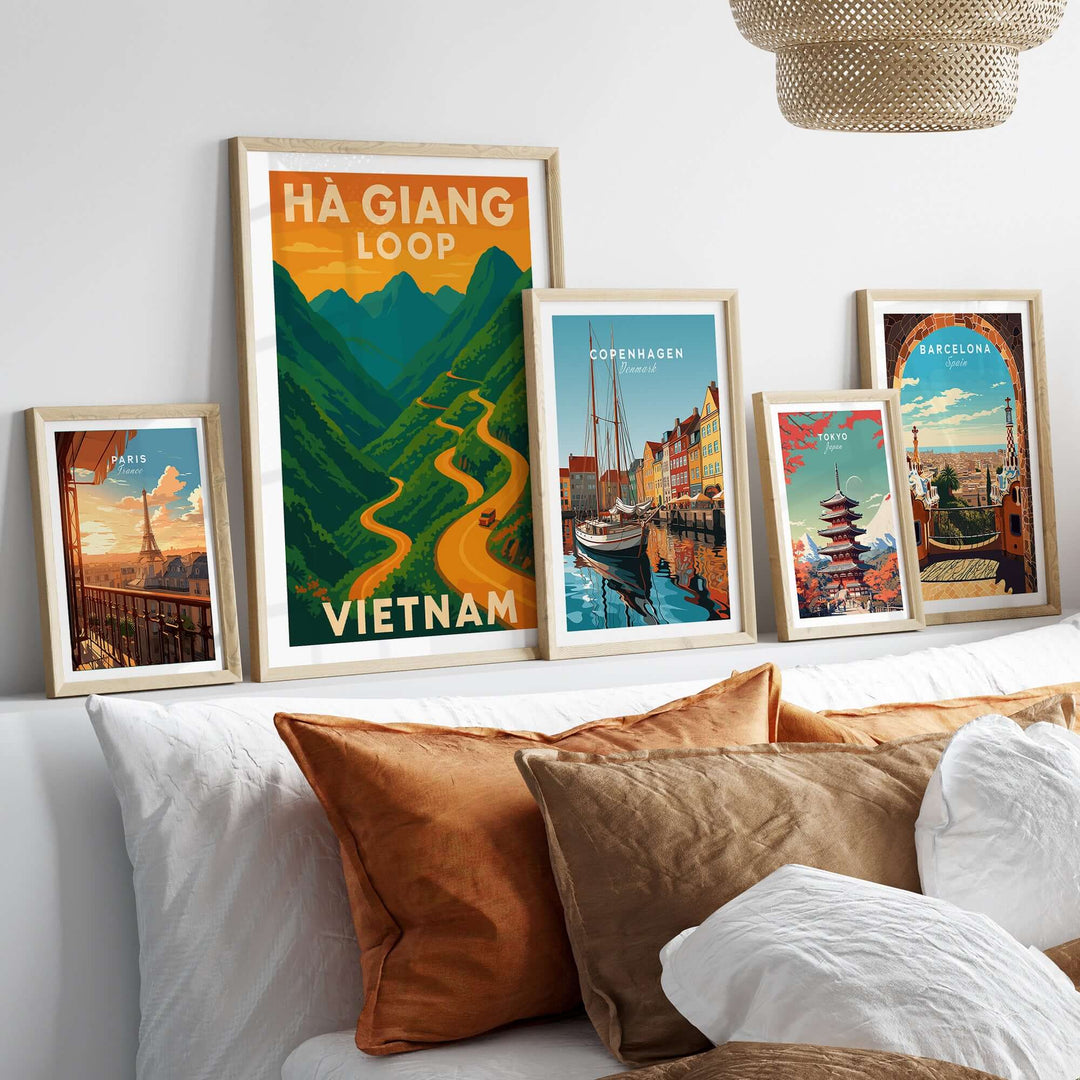 Ha Giang Loop Vietnam poster with winding road surrounded by mountains, styled travel wall art decor.