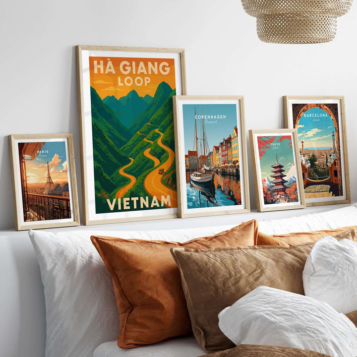 Ha Giang Loop Vietnam poster with winding road surrounded by mountains, styled travel wall art decor.