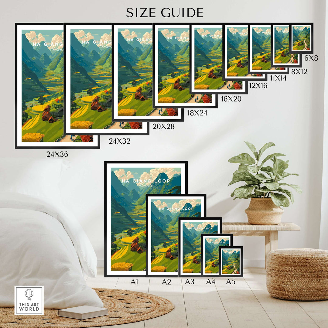 Size guide for Ha Giang Loop Vietnam travel print showcasing various frame sizes and mountain scenery.