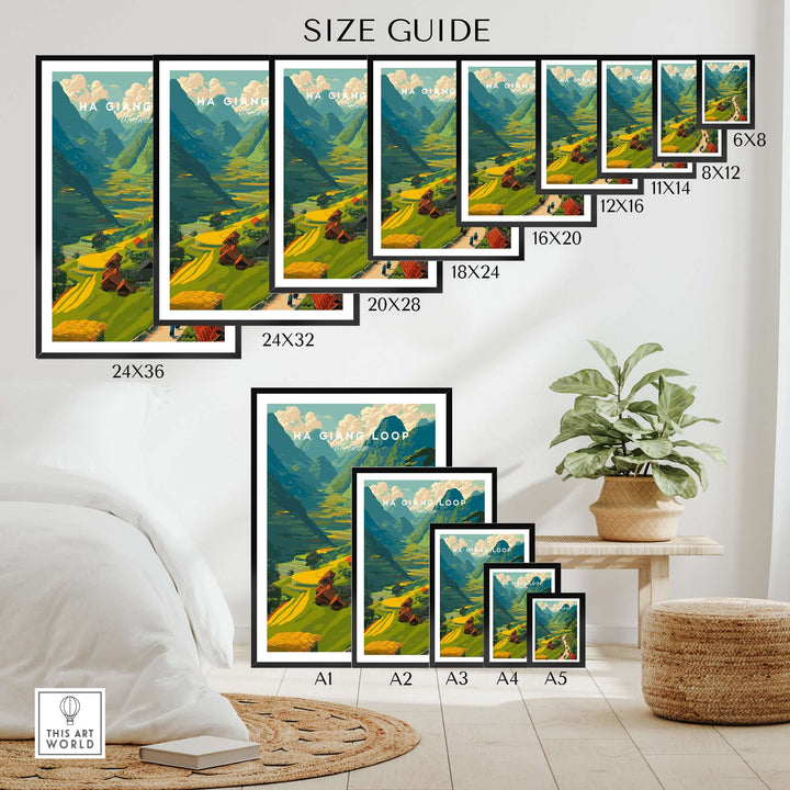 Size guide for Ha Giang Loop Vietnam travel print showcasing various frame sizes and mountain scenery.