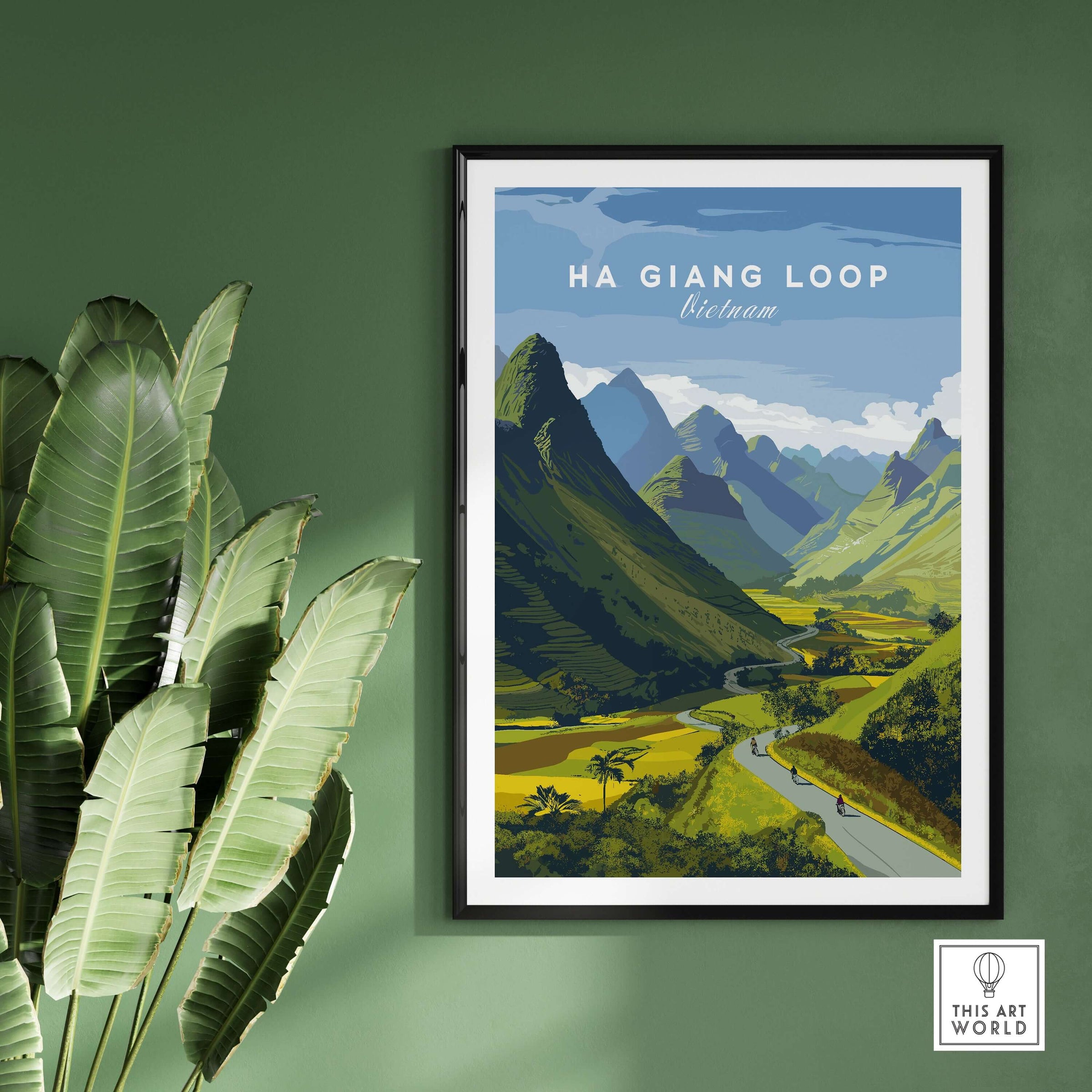 Ha Giang Loop Vietnam Travel Print Wide Valley Poster Motorbike River Landscape Art on a green wall