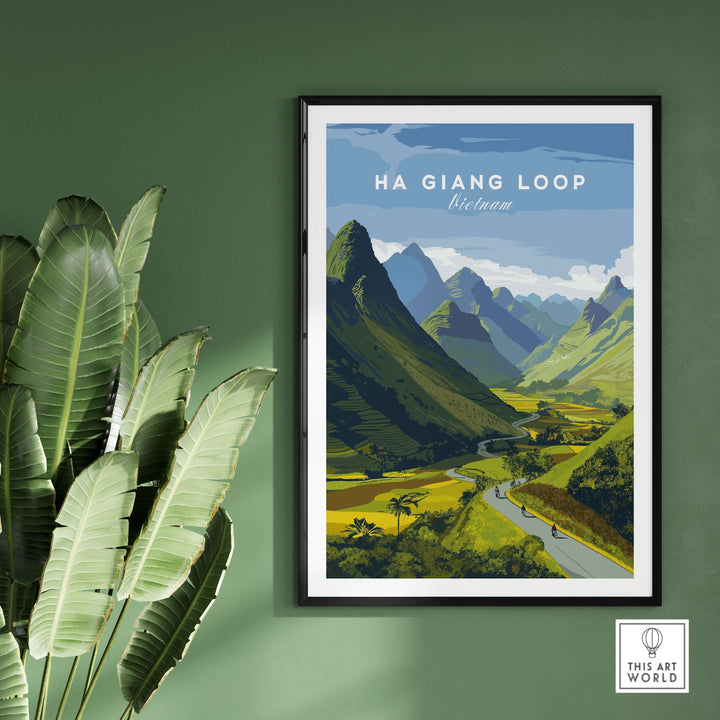 Ha Giang Loop Vietnam travel poster featuring lush mountains and winding river landscape art.