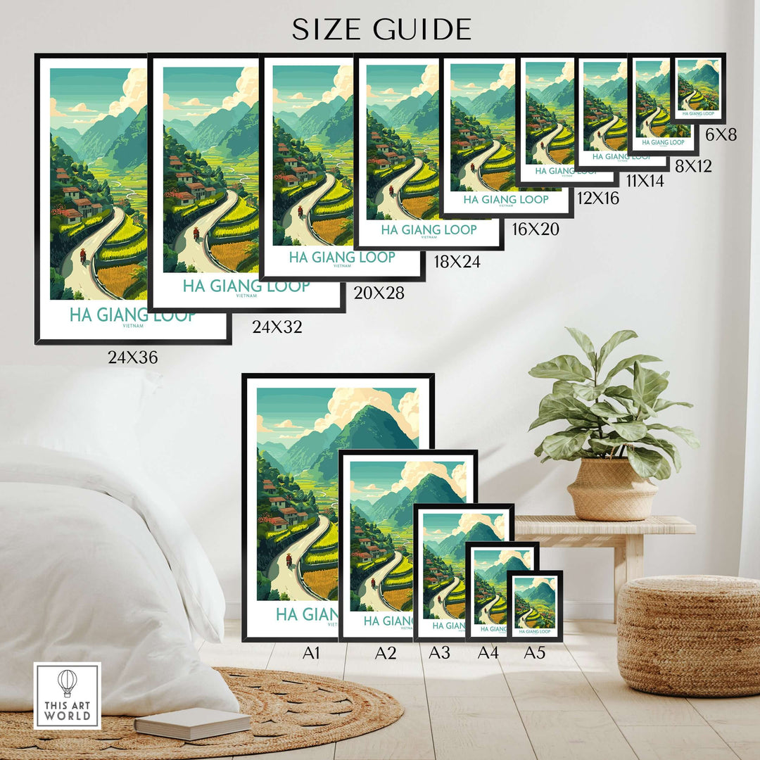 Size guide for Ha Giang Loop Vietnam travel poster featuring mountain scenery and rice paddies.