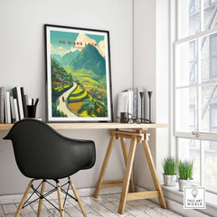 Ha Giang Loop Vietnam Travel Poster Rice Terraces Print Motorbike Landscape Art in a modern office setting.