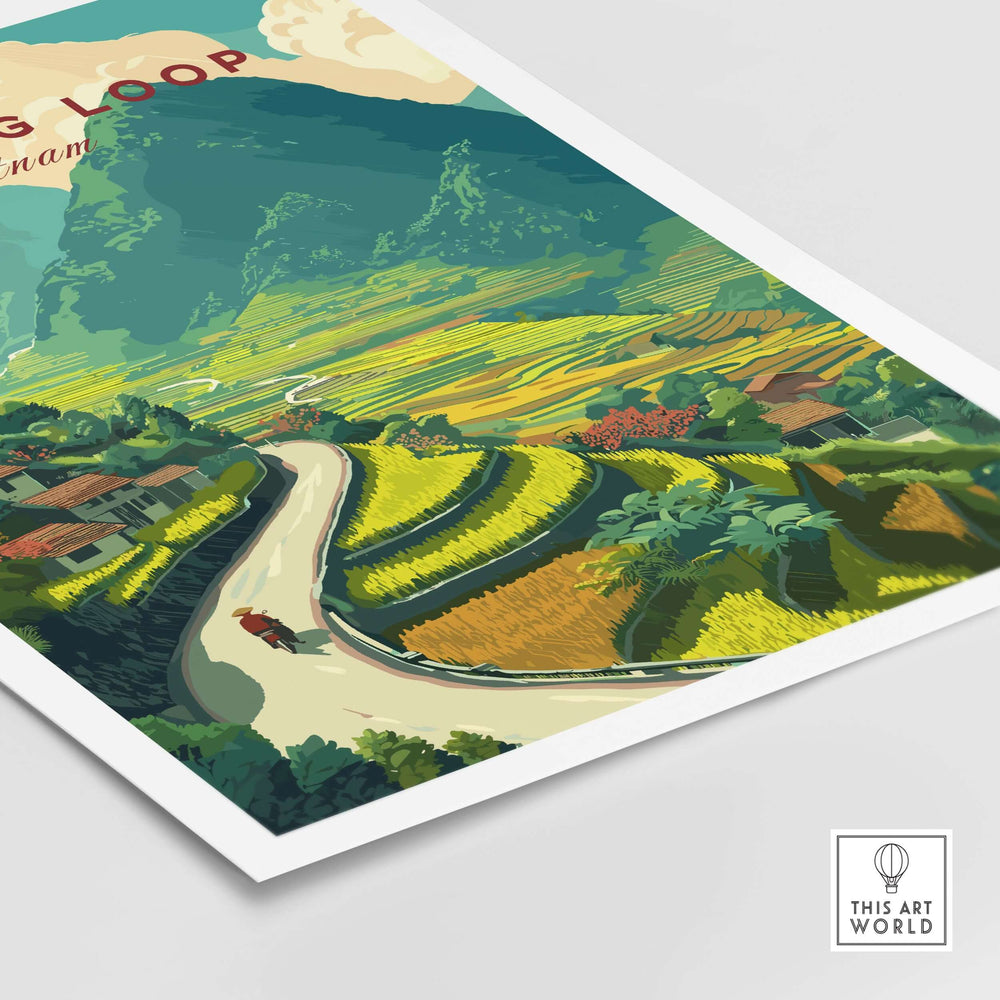 Ha Giang Loop Vietnam travel poster featuring lush rice terraces, a winding road, and traditional houses.