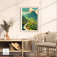 Ha Giang Loop Vietnam Travel Poster Rice Terraces Print Motorbike Landscape Art in a cozy interior setting.
