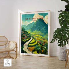 Ha Giang Loop Vietnam Travel Poster Rice Terraces Print Motorbike Landscape Art in a stylish interior setting.