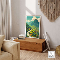 Ha Giang Loop Vietnam Travel Poster Rice Terraces Print Motorbike Landscape Art in a stylish living room setting.