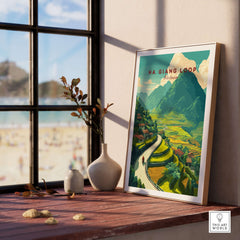 Ha Giang Loop Vietnam Travel Poster Rice Terraces Print Motorbike Landscape Art displayed in a sunlit room with a beach view.