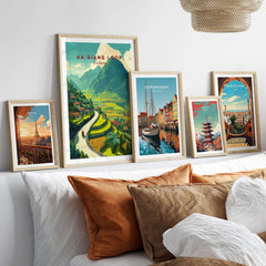 Ha Giang Loop Vietnam Travel Poster Rice Terraces Print Motorbike Landscape Art displayed in a cozy home setting.