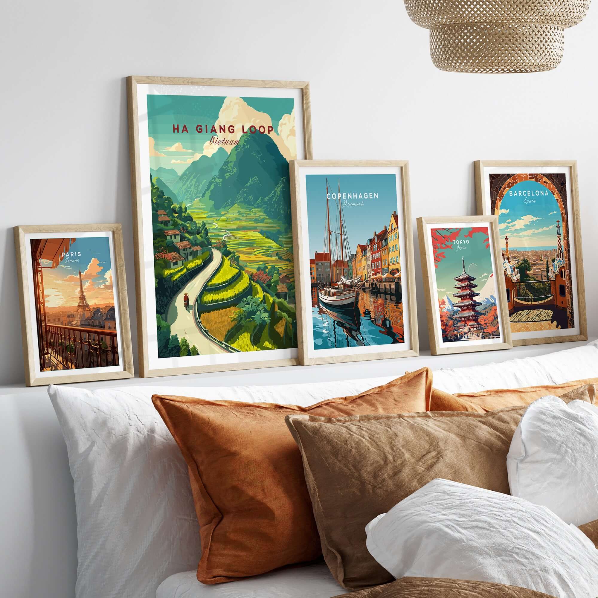 Ha Giang Loop Vietnam Travel Poster Rice Terraces Print Motorbike Landscape Art displayed in a cozy home setting.