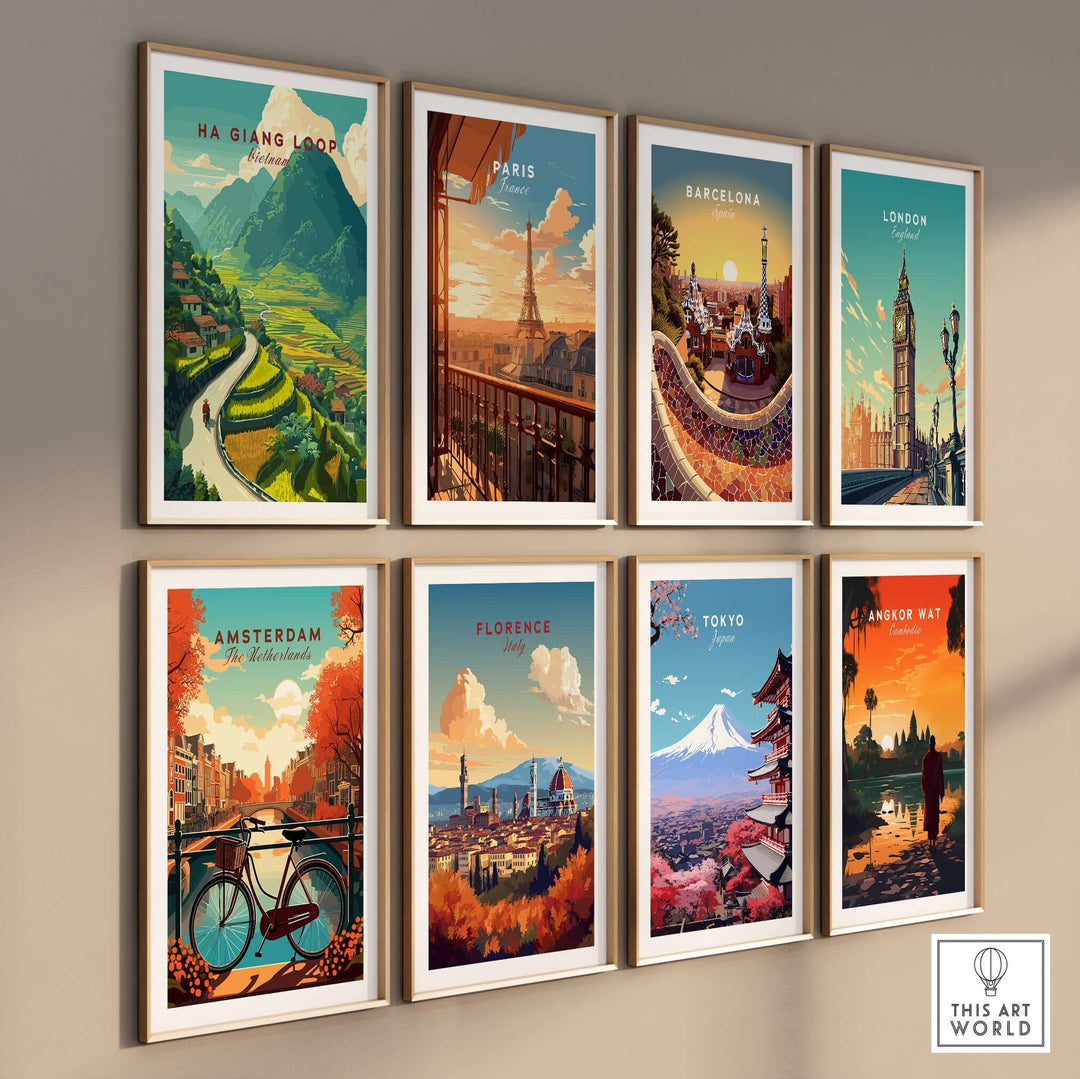 Collection of vibrant travel posters featuring Ha Giang Loop, Paris, Barcelona, London, Amsterdam, Florence, Tokyo, and Angkor Wat.