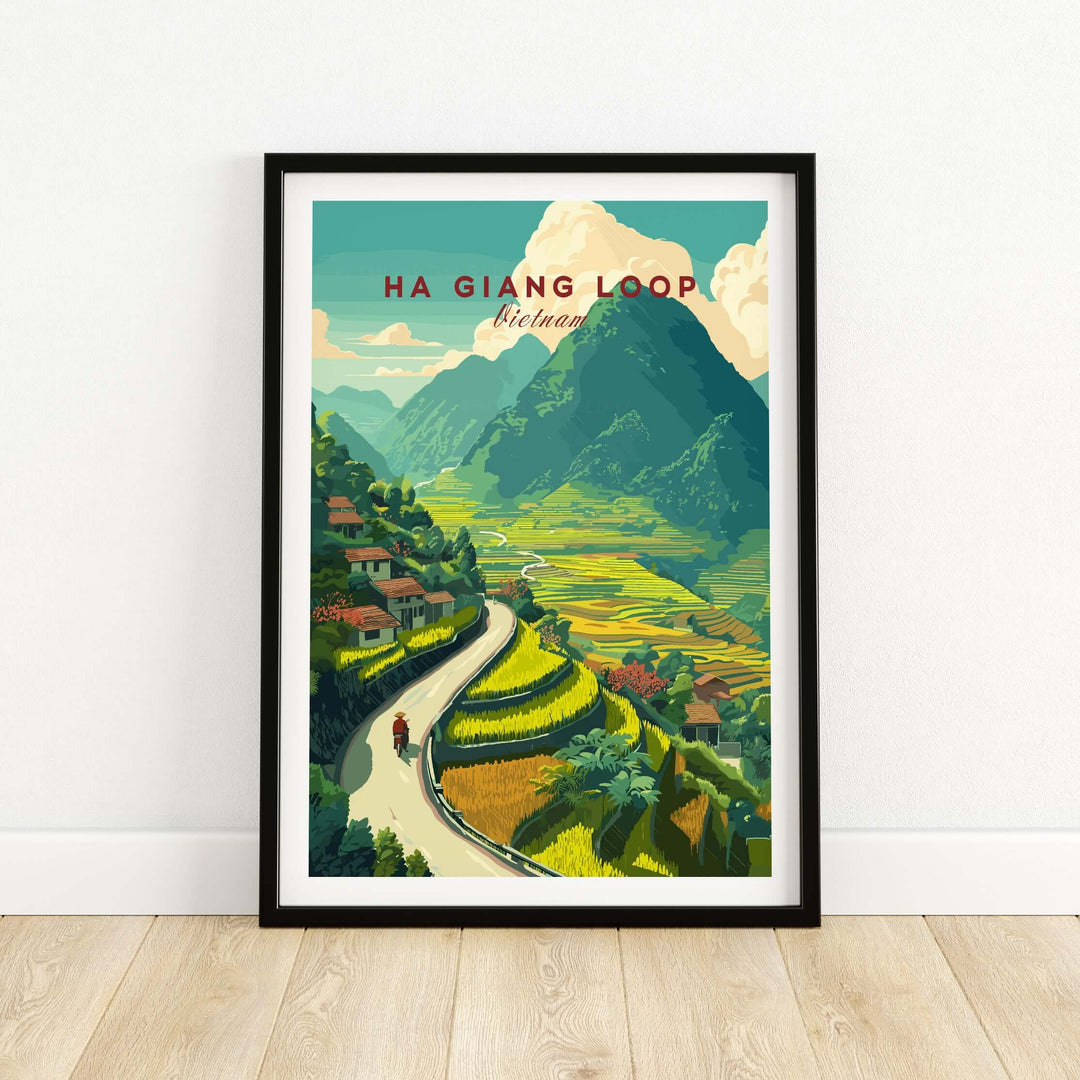 Ha Giang Loop Vietnam travel poster showcasing rice terraces and a scenic road with a motorbike.