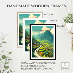 Ha Giang Loop Vietnam Travel Poster Rice Terraces Print Motorbike Landscape Art in handmade wooden frames