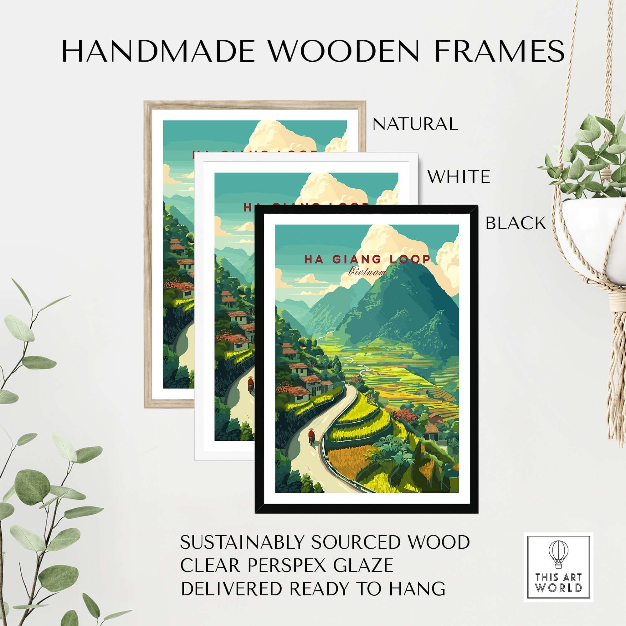 Ha Giang Loop Vietnam Travel Poster Rice Terraces Print Motorbike Landscape Art in handmade wooden frames