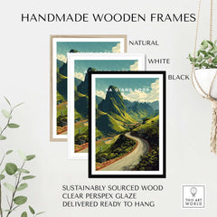 Ha Giang Loop Vietnam Mountain Road Travel Poster Print Landscape Wall Art displayed in handmade wooden frames.