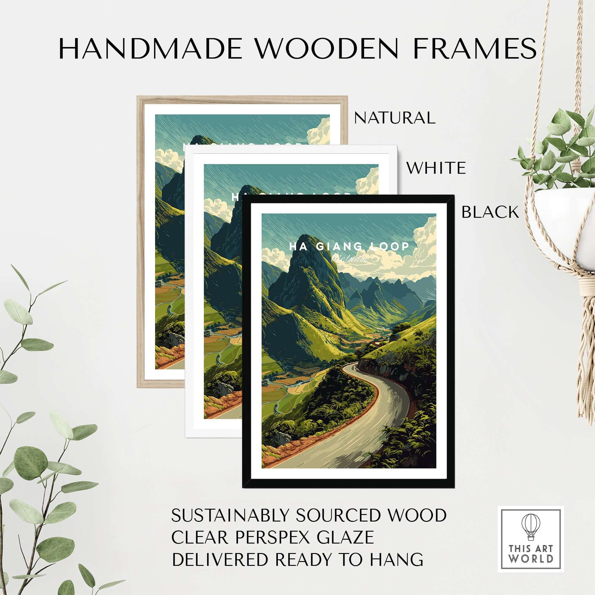 Ha Giang Loop Vietnam Mountain Road Travel Poster Print Landscape Wall Art displayed in handmade wooden frames.