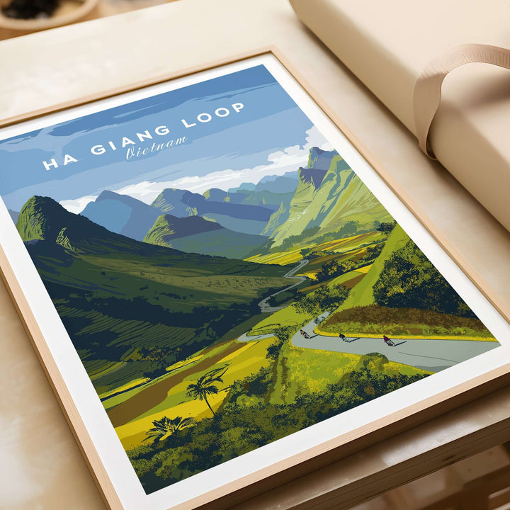 Ha Giang Loop Vietnam poster featuring a scenic valley landscape with motorbikes and mountains.