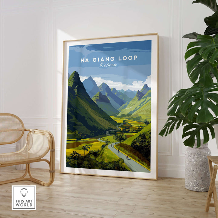 Ha Giang Loop Vietnam travel print featuring lush valleys and mountains with a winding road.