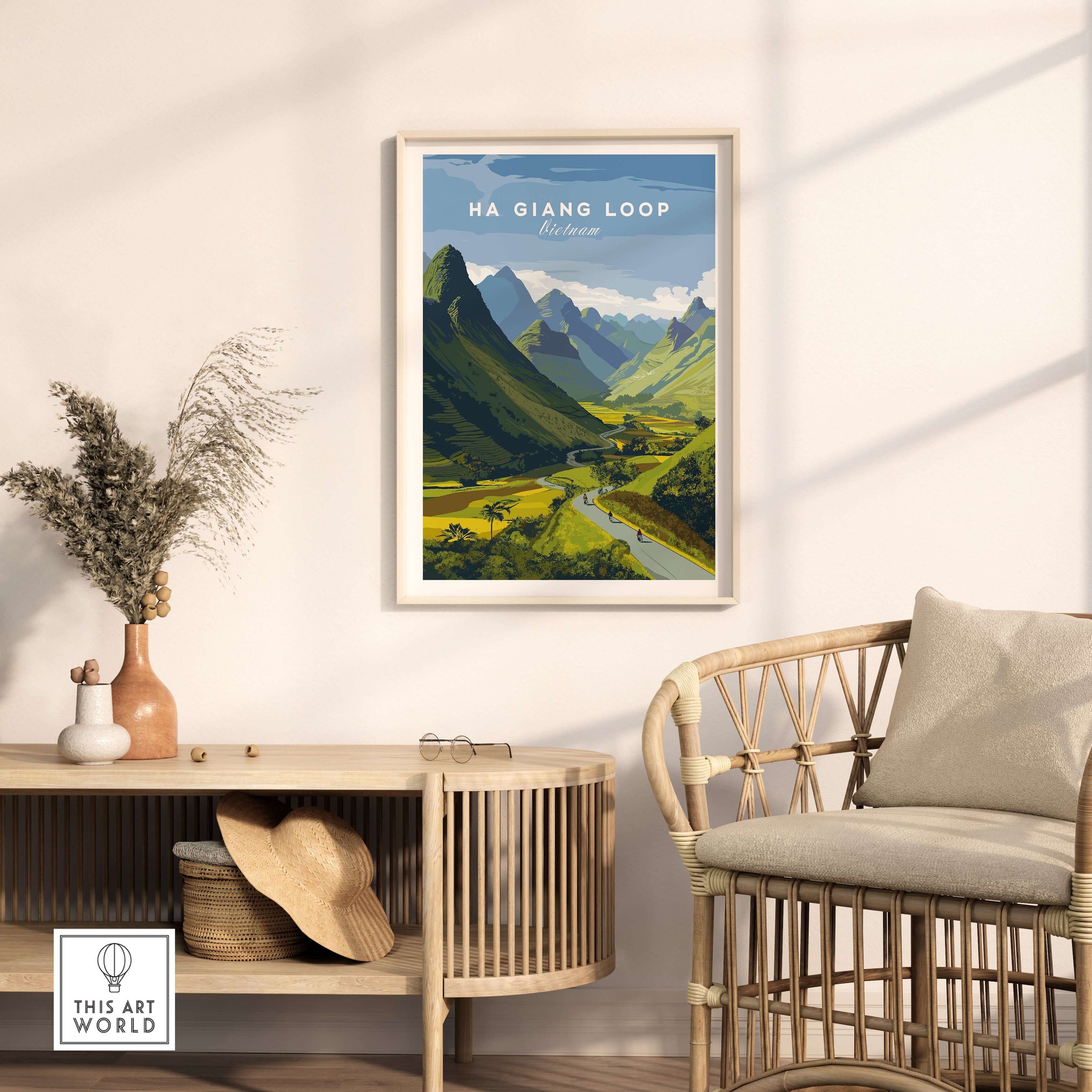 Ha Giang Loop Vietnam Travel Print Wide Valley Poster Motorbike River Landscape Art in a stylish home setting.