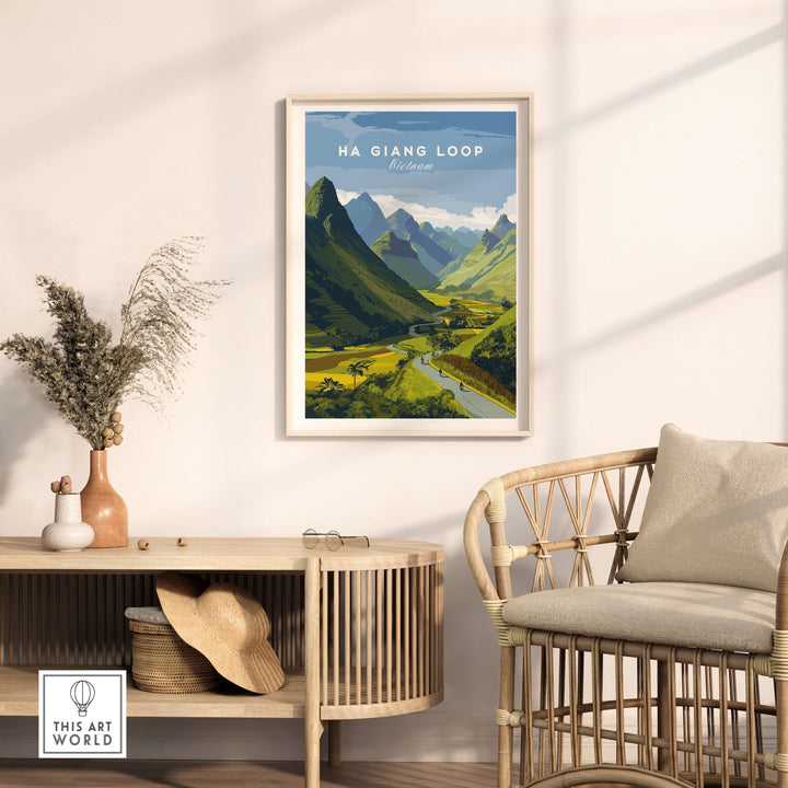 Ha Giang Loop Vietnam travel print poster featuring scenic river, valley, and mountains in bright colors.