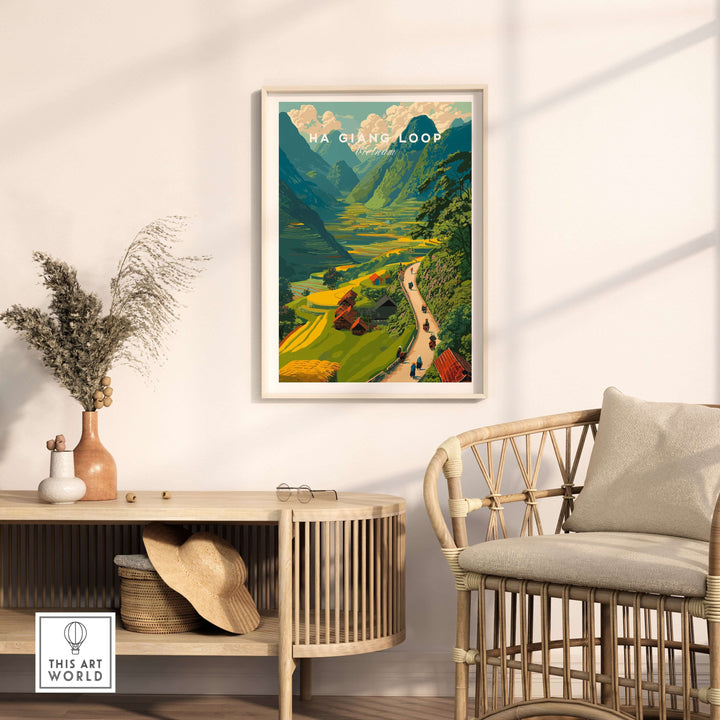 Ha Giang Loop Vietnam travel poster showcasing motorbikes in a lush valley and mountains, ideal wall art.